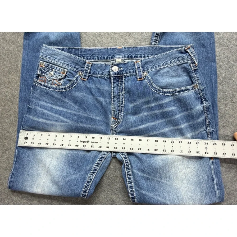 True Religion Skinny Leg Jeans Mens 42 Blue Whiskering Denim Thick Stitch Y2K